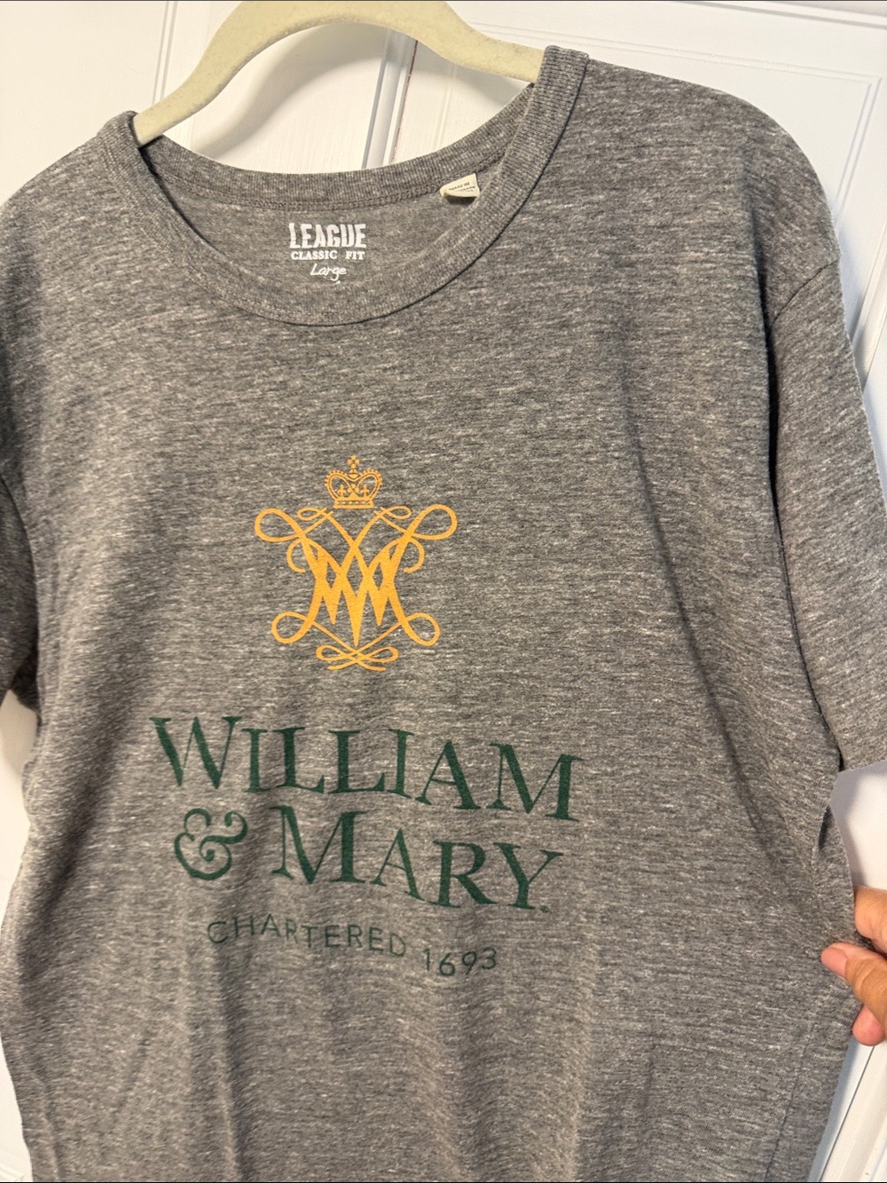 League Gray William & Mary Tee with Green & Gold Logo size L